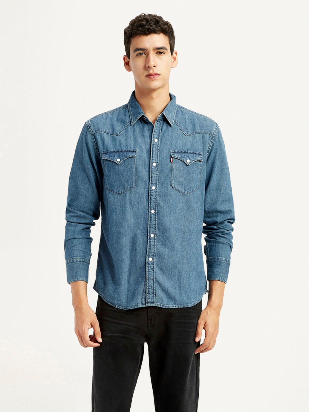 Men's Solid Blue Slim Fit Denim Shirt - Styleshot View