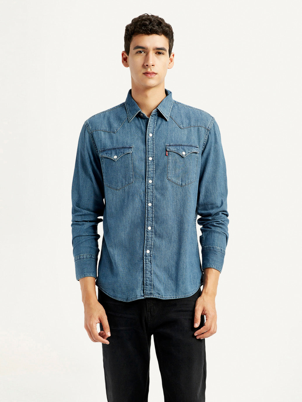 Men's Solid Blue Slim Fit Denim Shirt - Front View