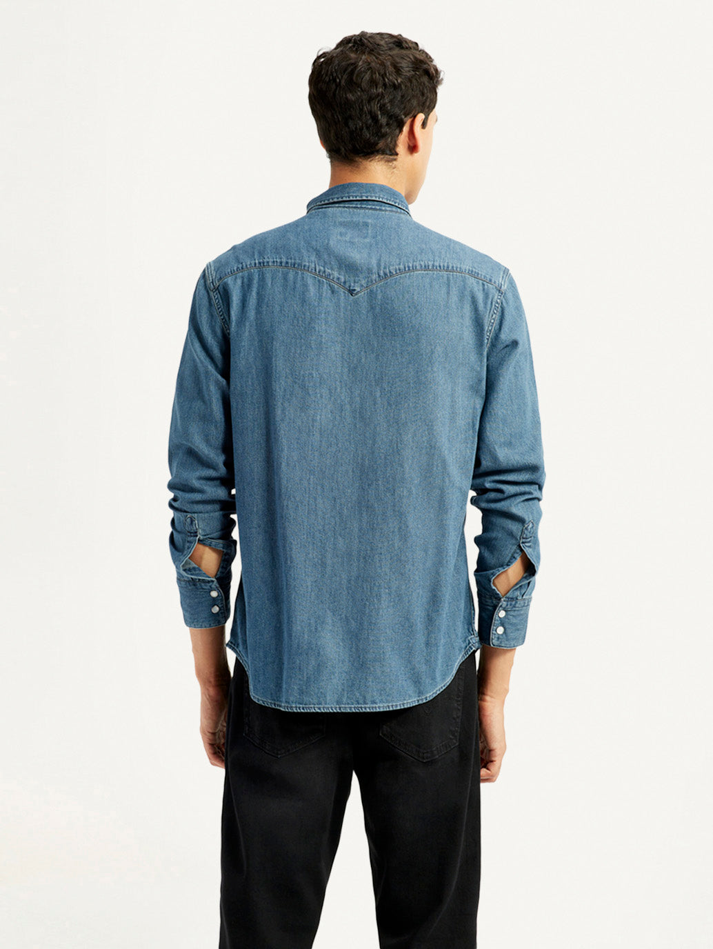 Men's Solid Blue Slim Fit Denim Shirt - Back View