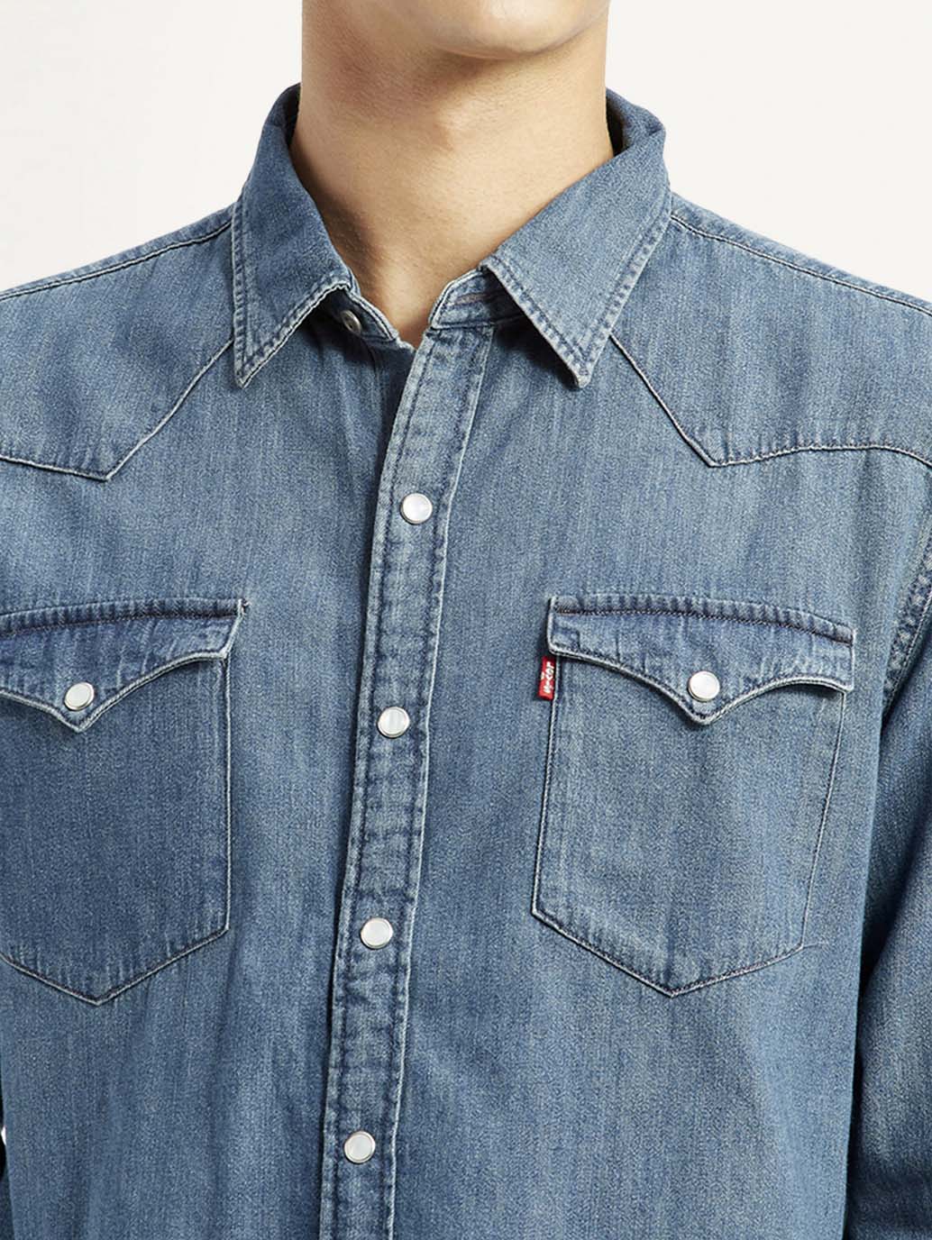 Men's Solid Blue Slim Fit Denim Shirt - Detail View