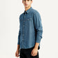 Men's Solid Blue Slim Fit Denim Shirt - Side View