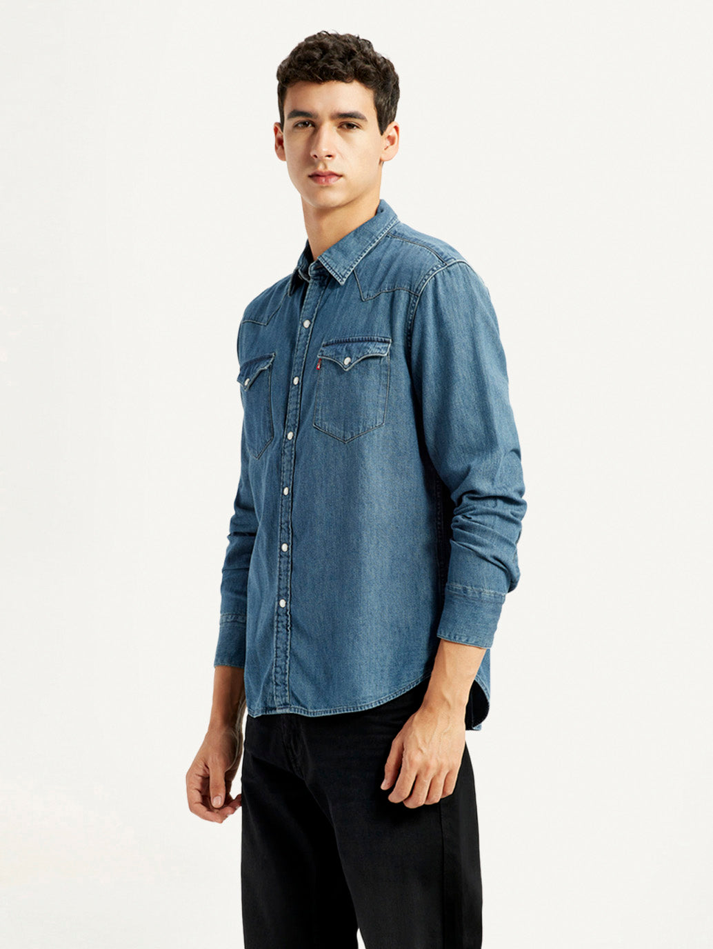 Men's Solid Blue Slim Fit Denim Shirt - Side View