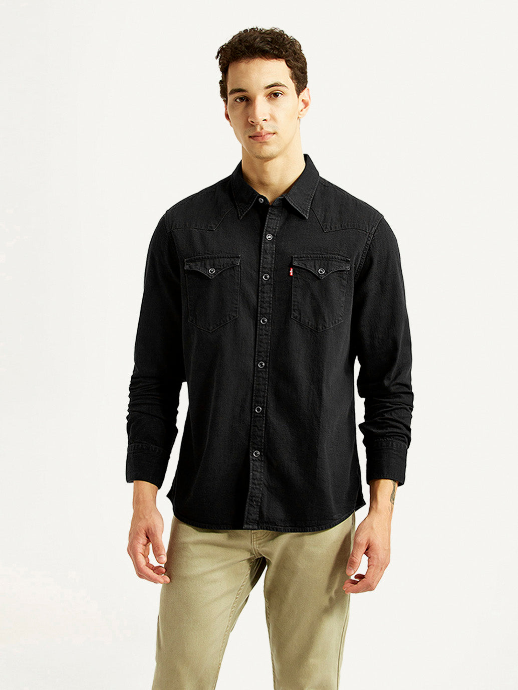 Men's Solid Black Slim Fit Denim Shirt - Front View