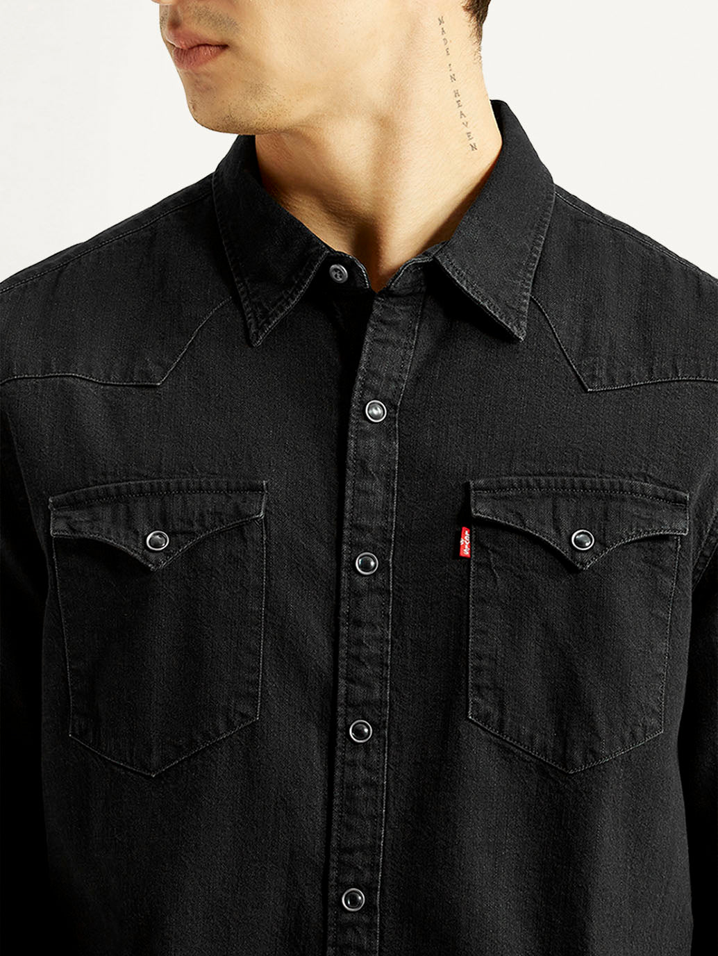 Men's Solid Black Slim Fit Denim Shirt - Detail View