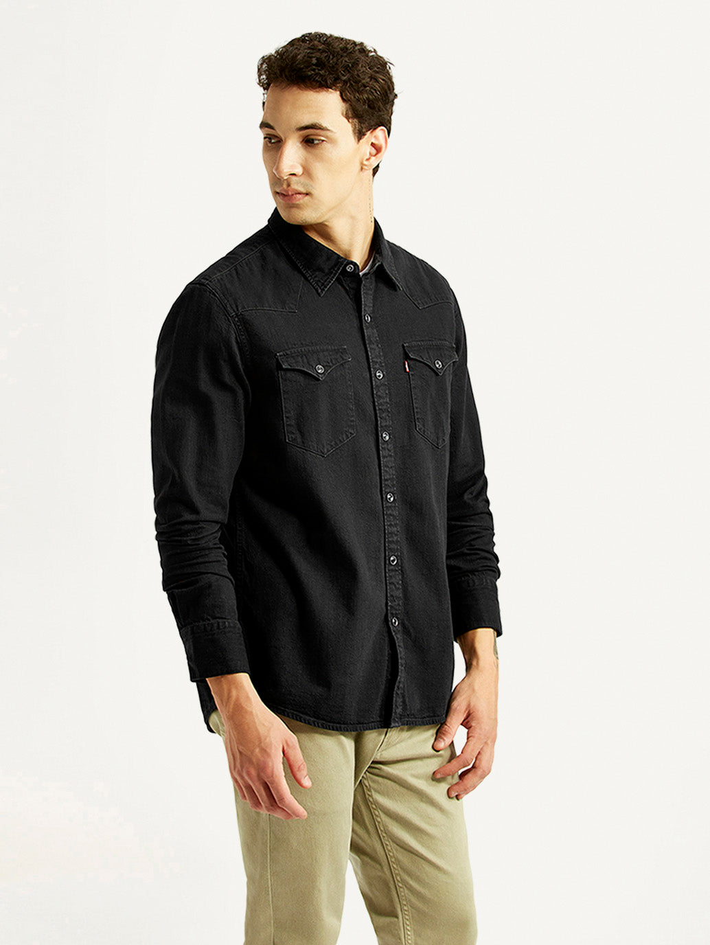 Men's Solid Black Slim Fit Denim Shirt - Side View