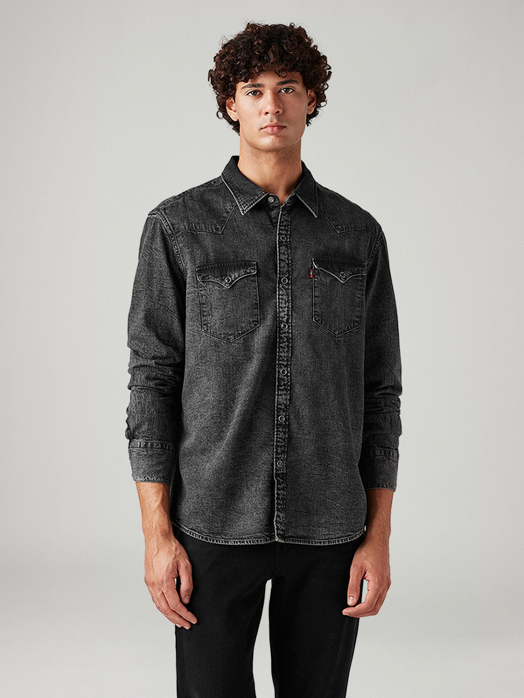 Men's Solid Slim Fit Denim Shirt - Front View