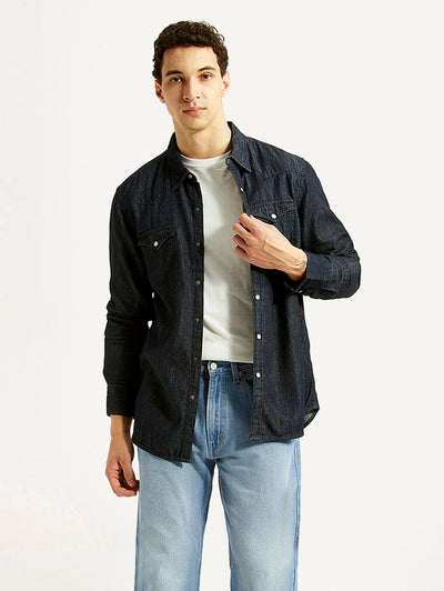 Men's Solid Navy Slim Fit Denim Shirt