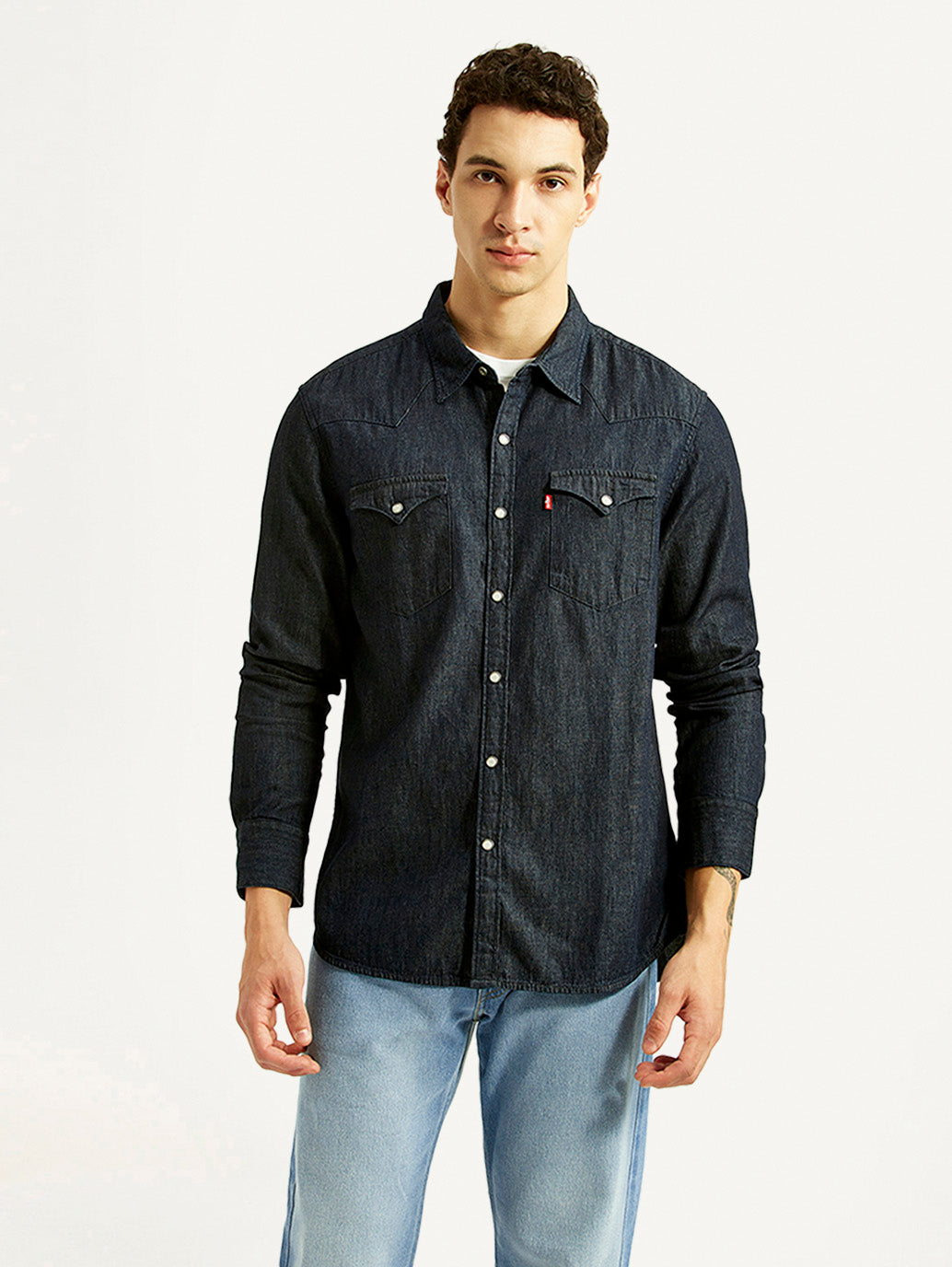 Men's Solid Navy Slim Fit Denim Shirt - Front View