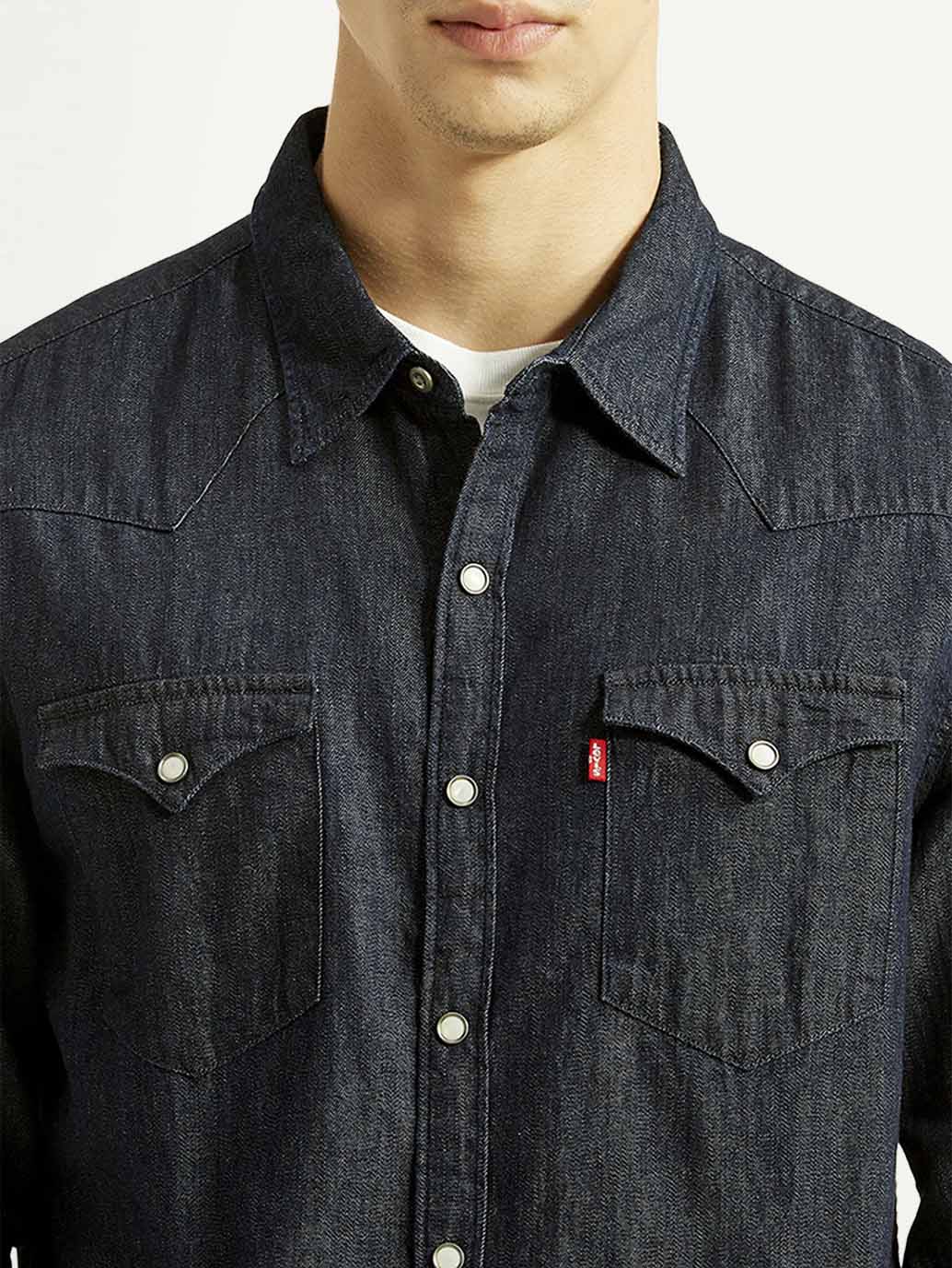 Men's Solid Navy Slim Fit Denim Shirt - Detail View
