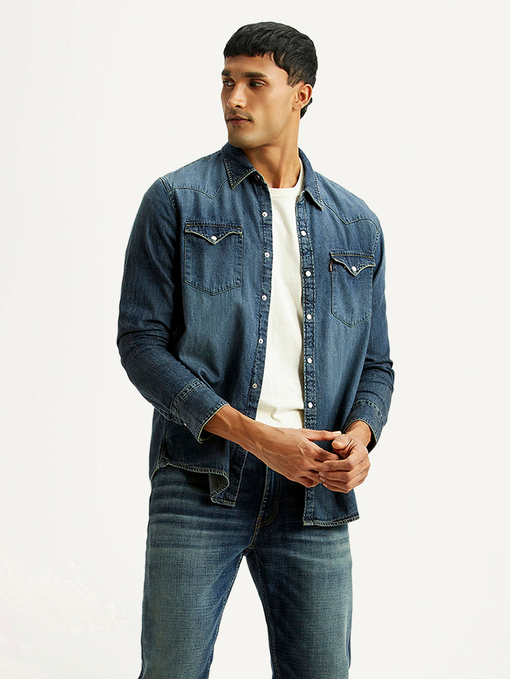 Men's Solid Indigo Slim Fit Denim Shirt - Styleshot View