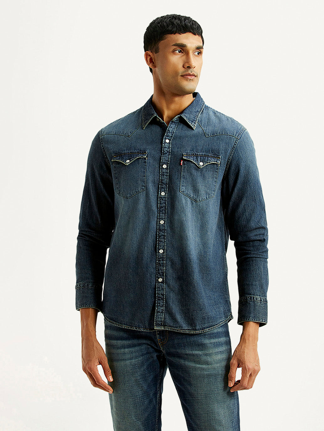 Men's Solid Indigo Slim Fit Denim Shirt