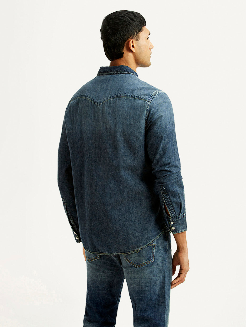 Men's Solid Indigo Slim Fit Denim Shirt - Back View