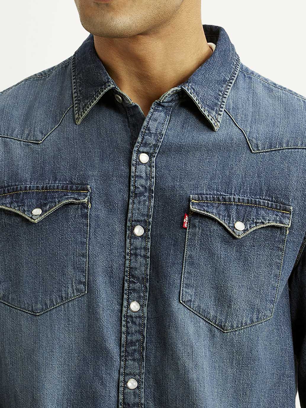 Men's Solid Indigo Slim Fit Denim Shirt - Detail View