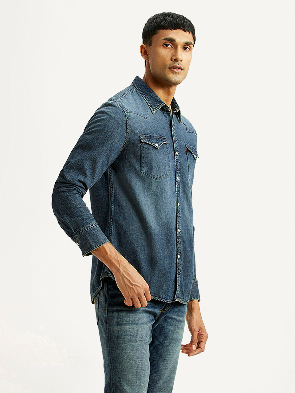 Men's Solid Indigo Slim Fit Denim Shirt - Side View