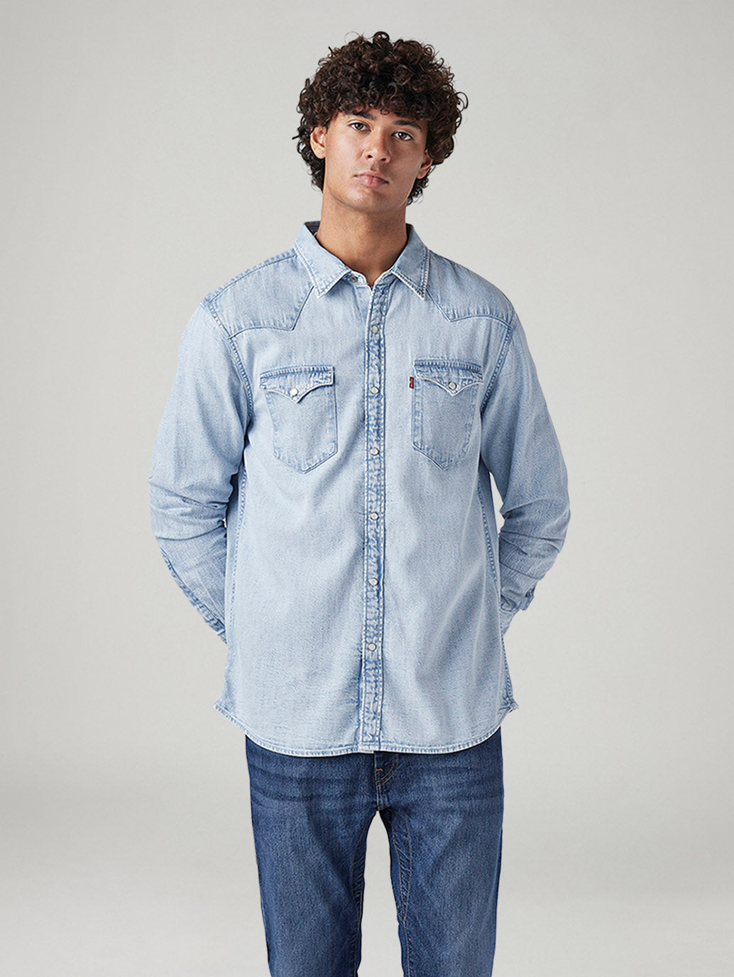 Men's Solid Slim Fit Denim Shirt - Front View