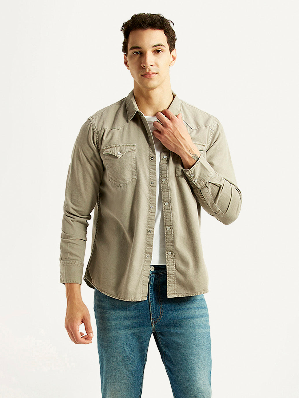 Men's Solid Beige Slim Fit Shirt - Styleshot View