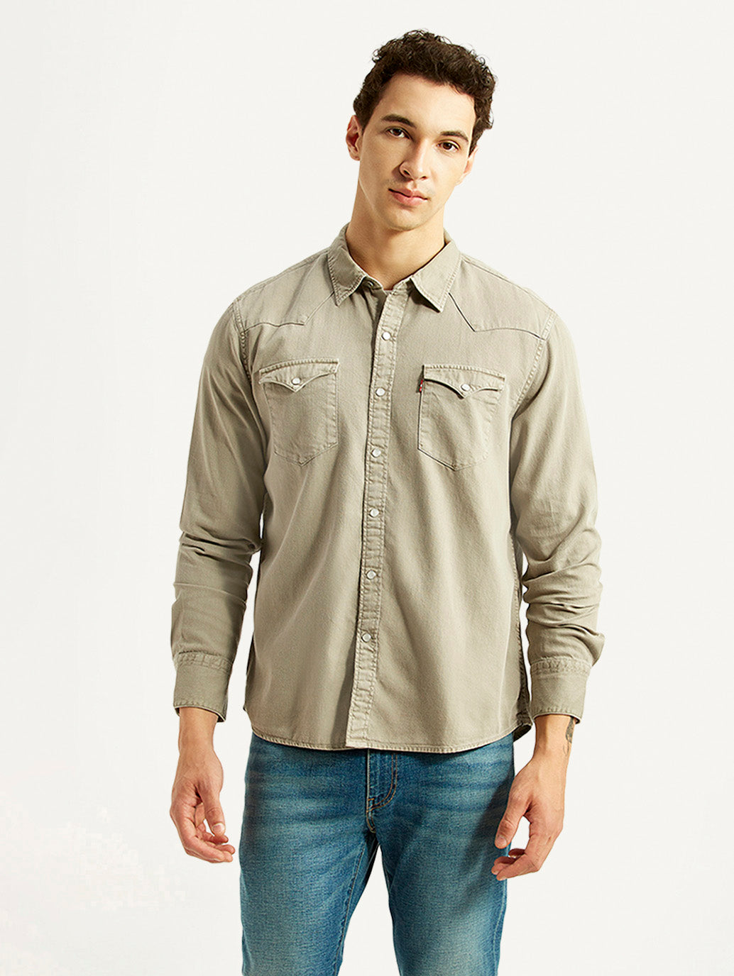 Men's Solid Beige Slim Fit Shirt - Front View