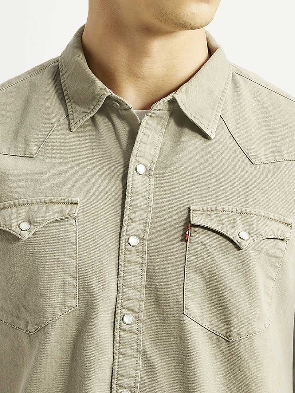 Men's Solid Beige Slim Fit Shirt - Detail View