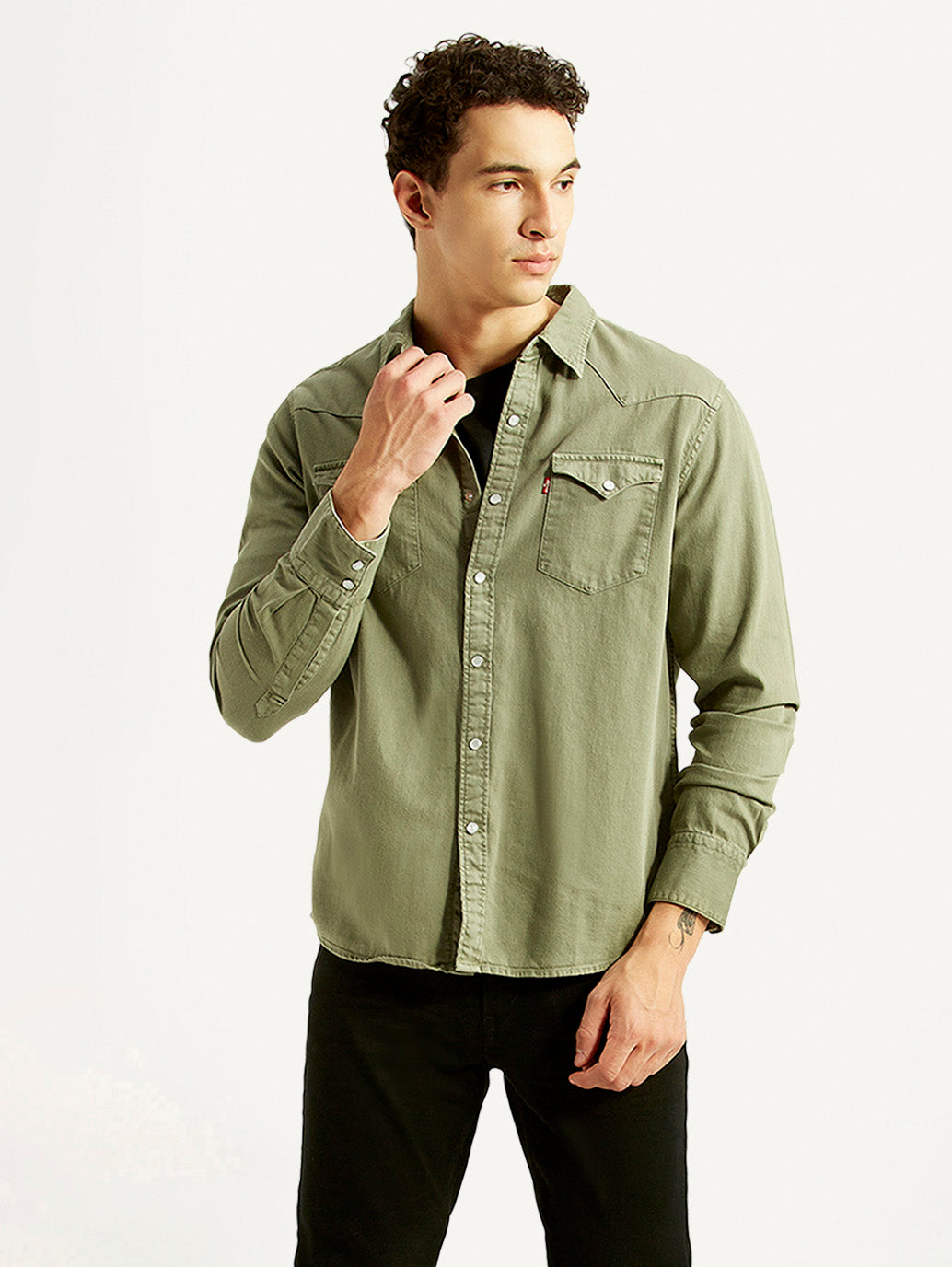 Men's Solid Olive Slim Fit Shirt - Styleshot View