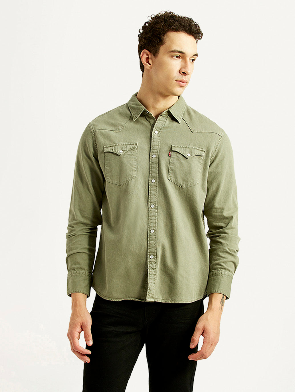Men's Solid Olive Slim Fit Shirt - Front View