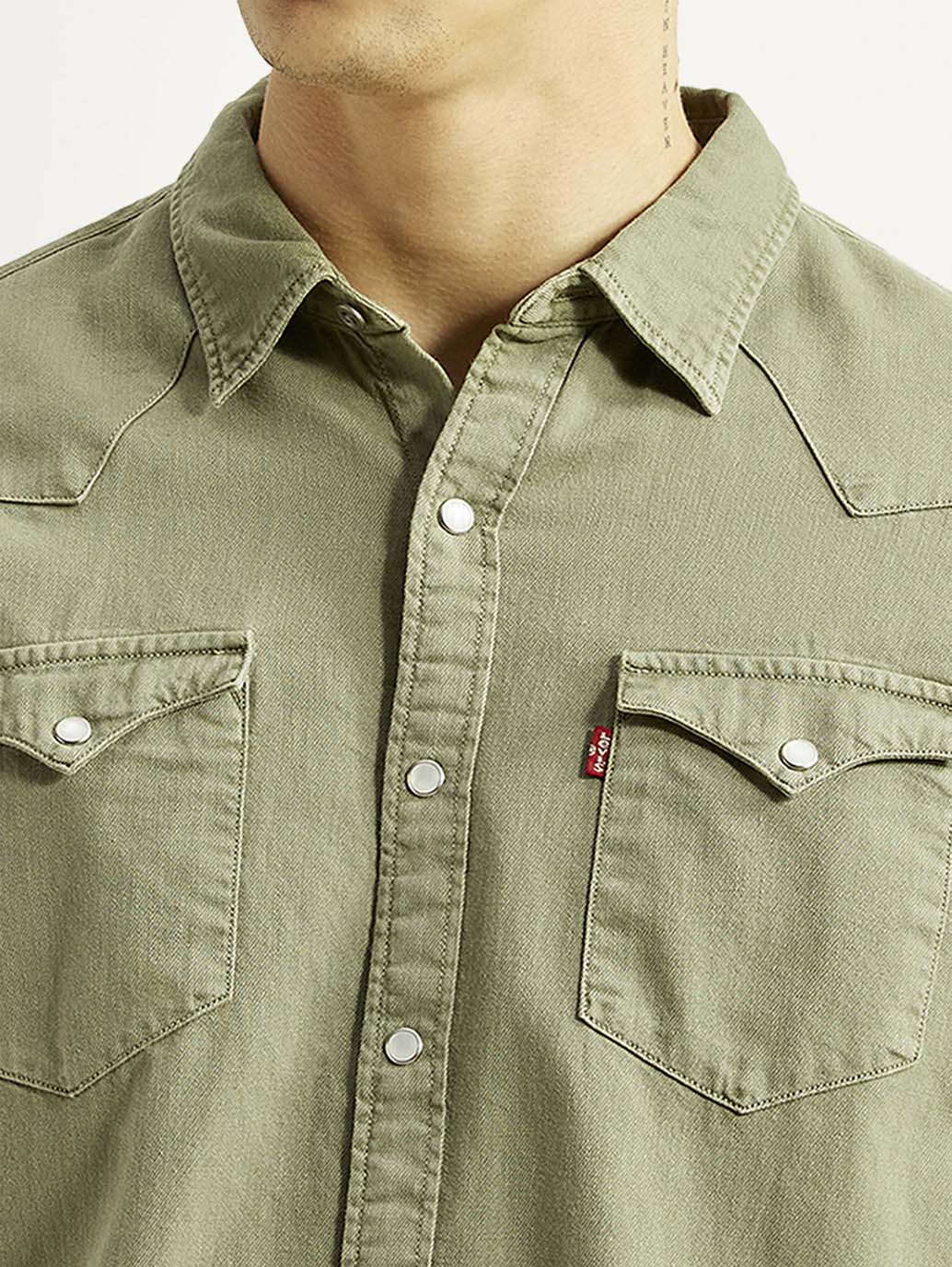 Men's Solid Olive Slim Fit Shirt - Detail View