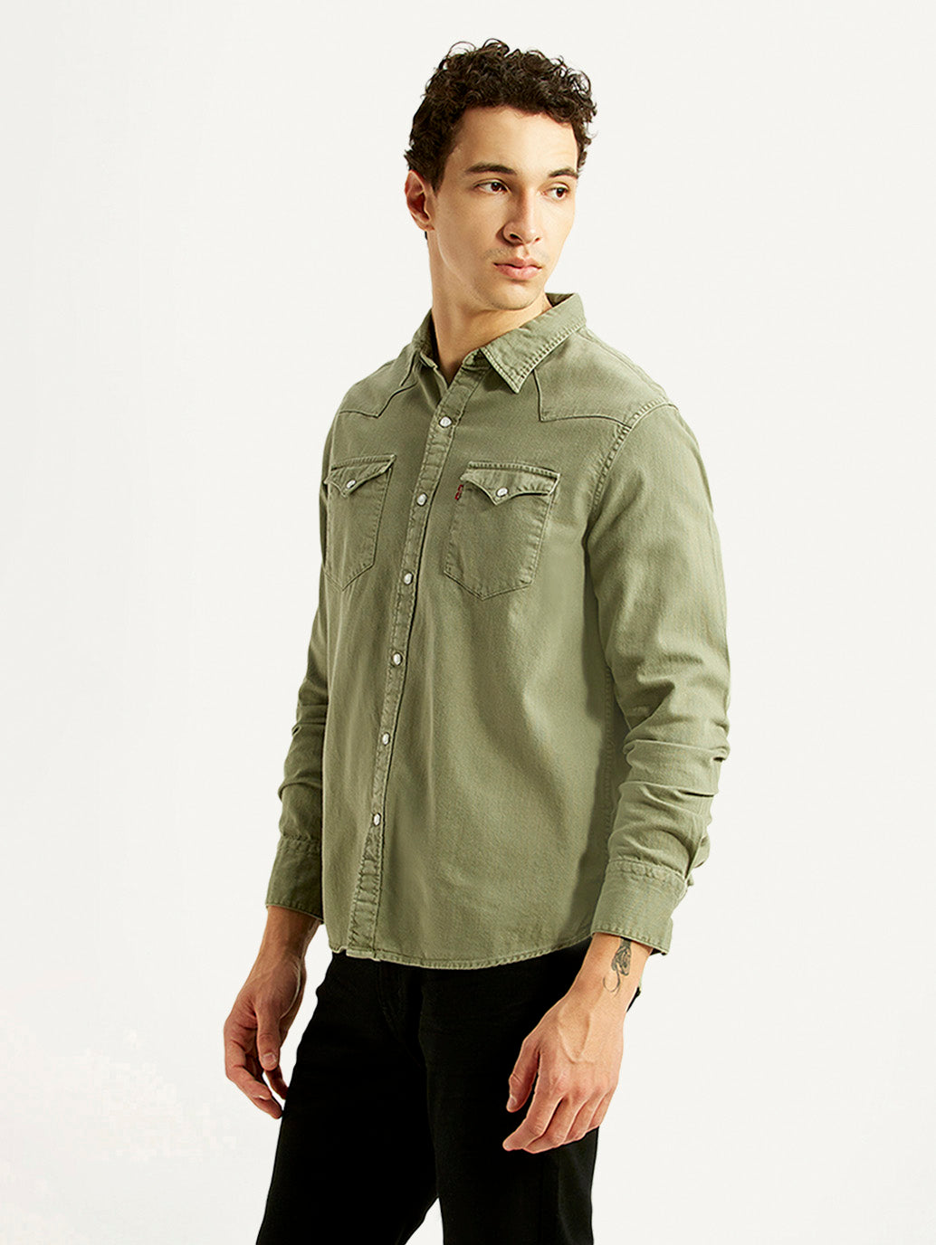 Men's Solid Olive Slim Fit Shirt - Side View