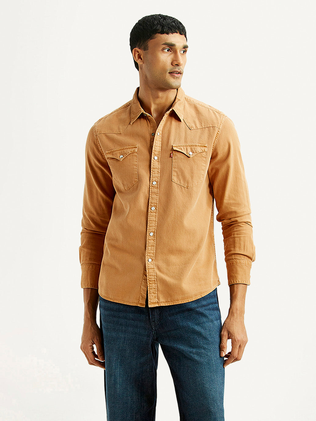 Men's Solid Tan Slim Fit Denim Shirt