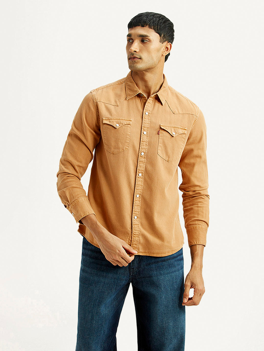 Men's Solid Tan Slim Fit Shirt - Front View