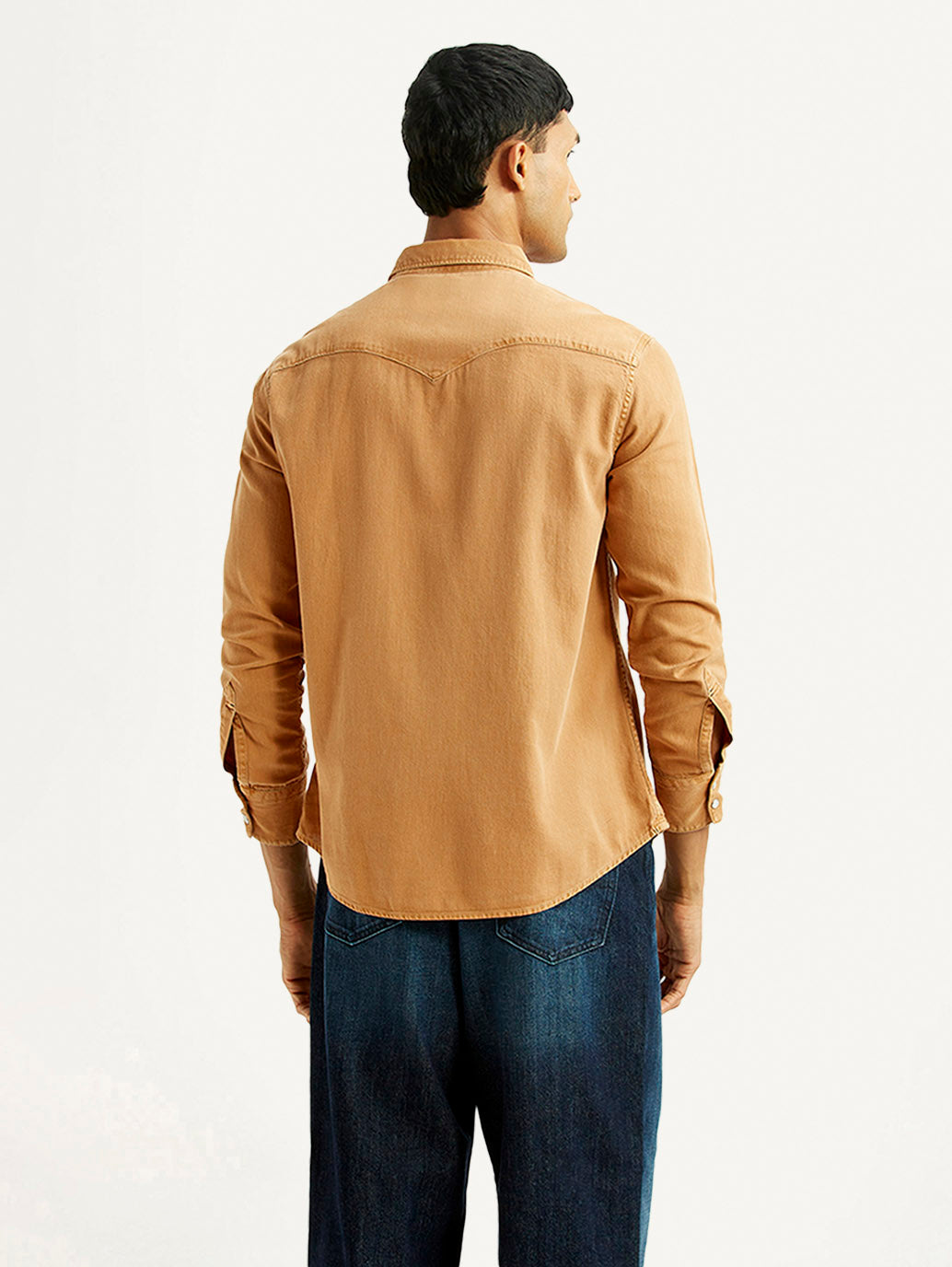 Men's Solid Tan Slim Fit Denim Shirt - Back View