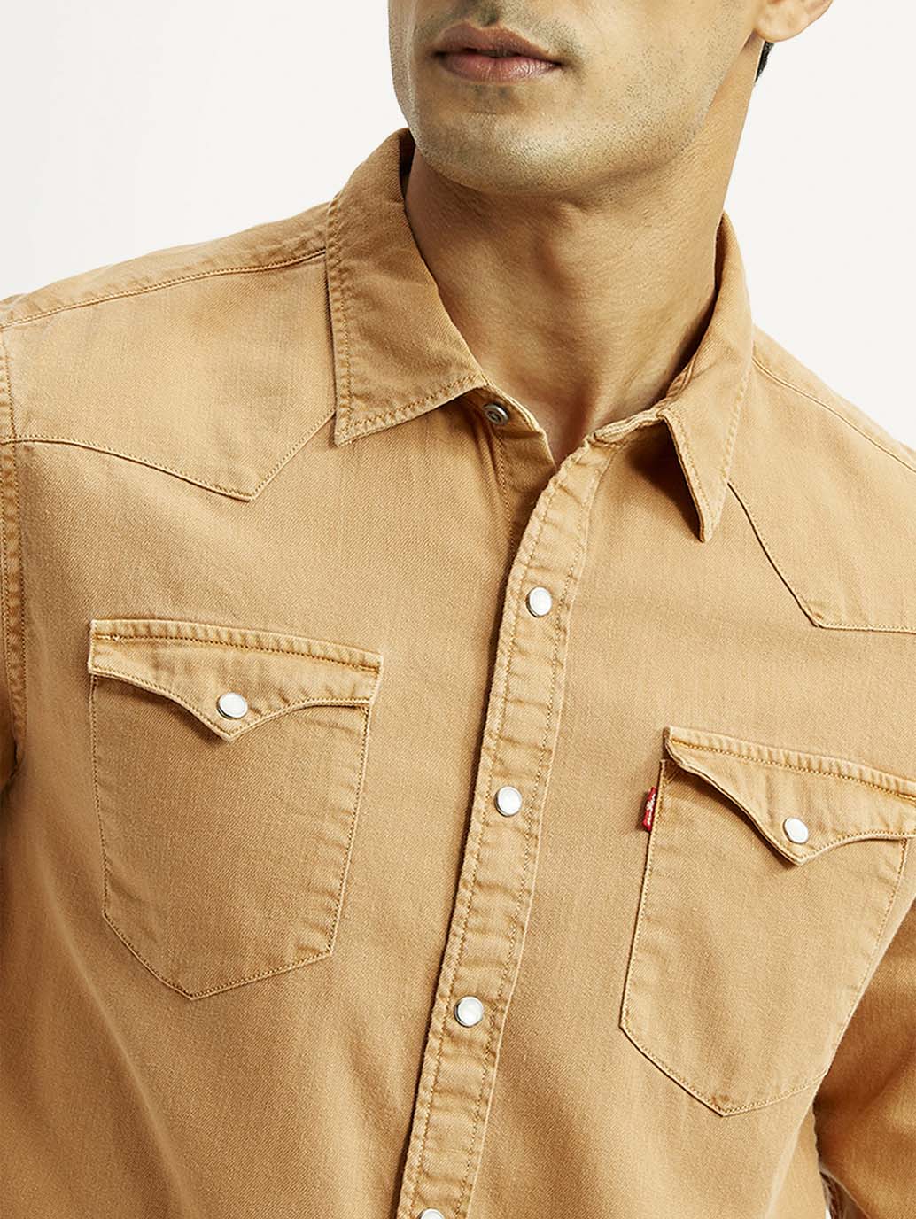 Men's Solid Tan Slim Fit Denim Shirt - Detail View