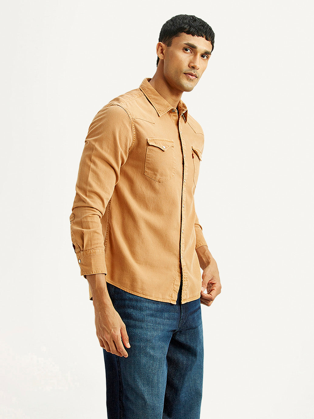 Men's Solid Tan Slim Fit Shirt - Side View