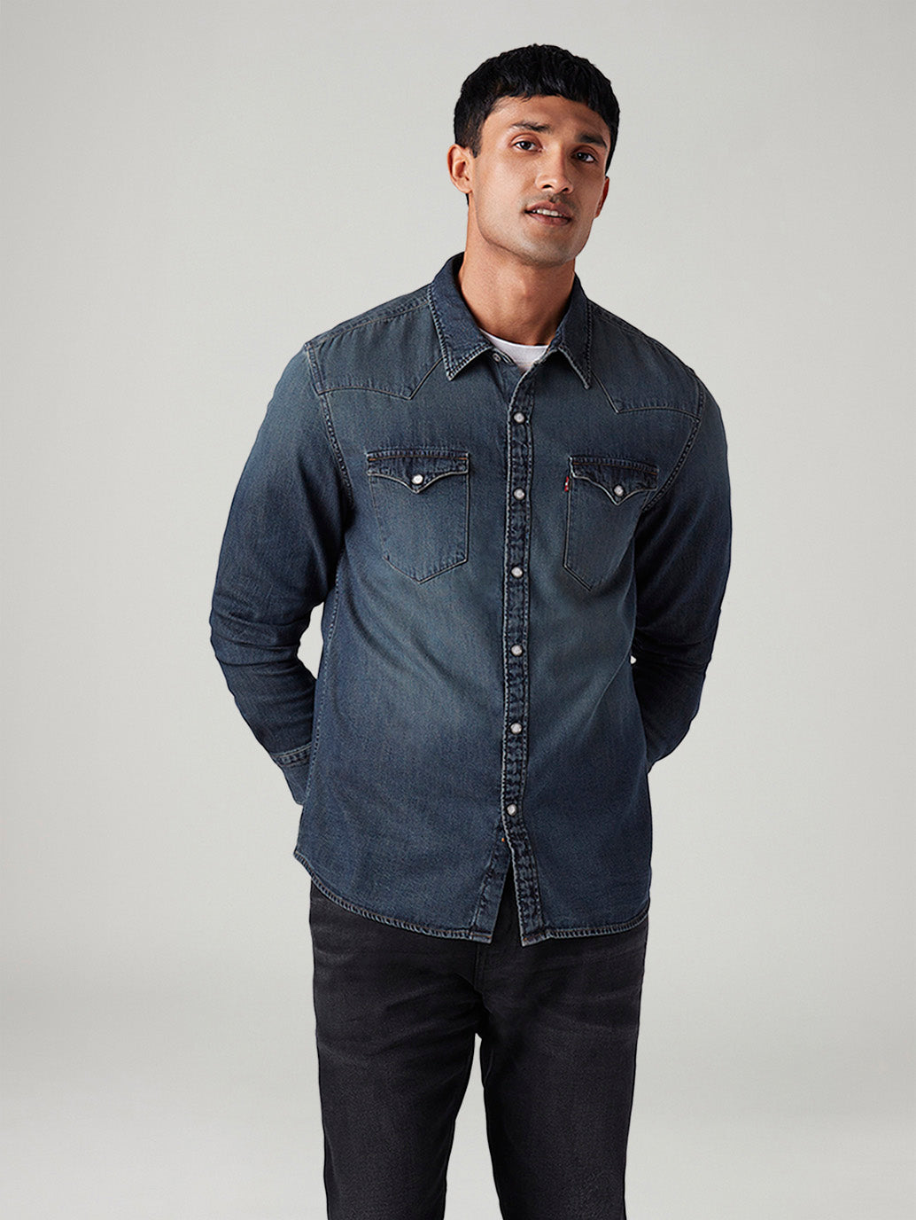 Men's Solid Slim Fit Denim Shirt - Front View