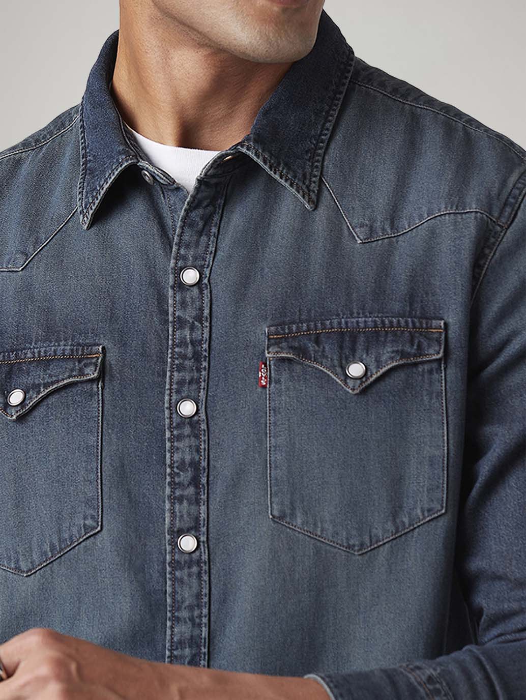 Men's Solid Slim Fit Denim Shirt - Detail View