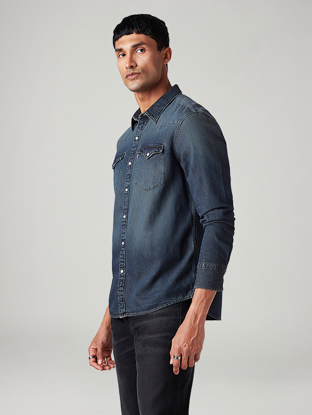 Men's Solid Slim Fit Denim Shirt - Side View