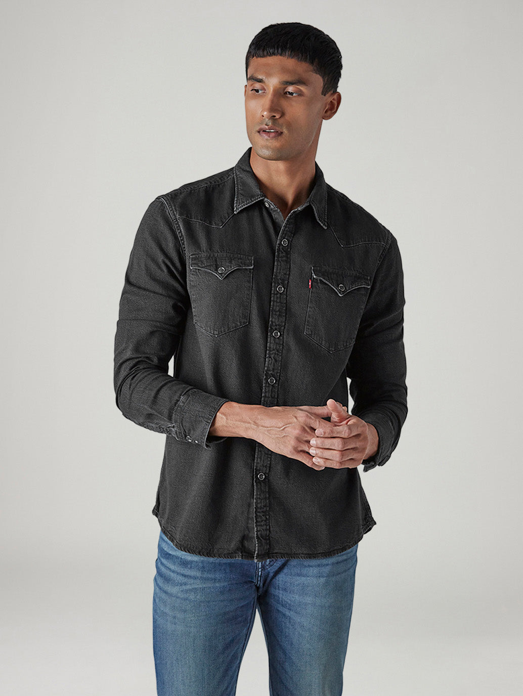 Men's Solid Slim Fit Denim Shirt - Front View