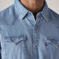 Men's Solid Slim Fit Denim Shirt - Detail View