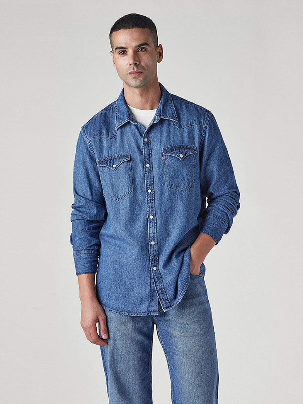 Men's Solid Slim Fit Denim Shirt - Front View