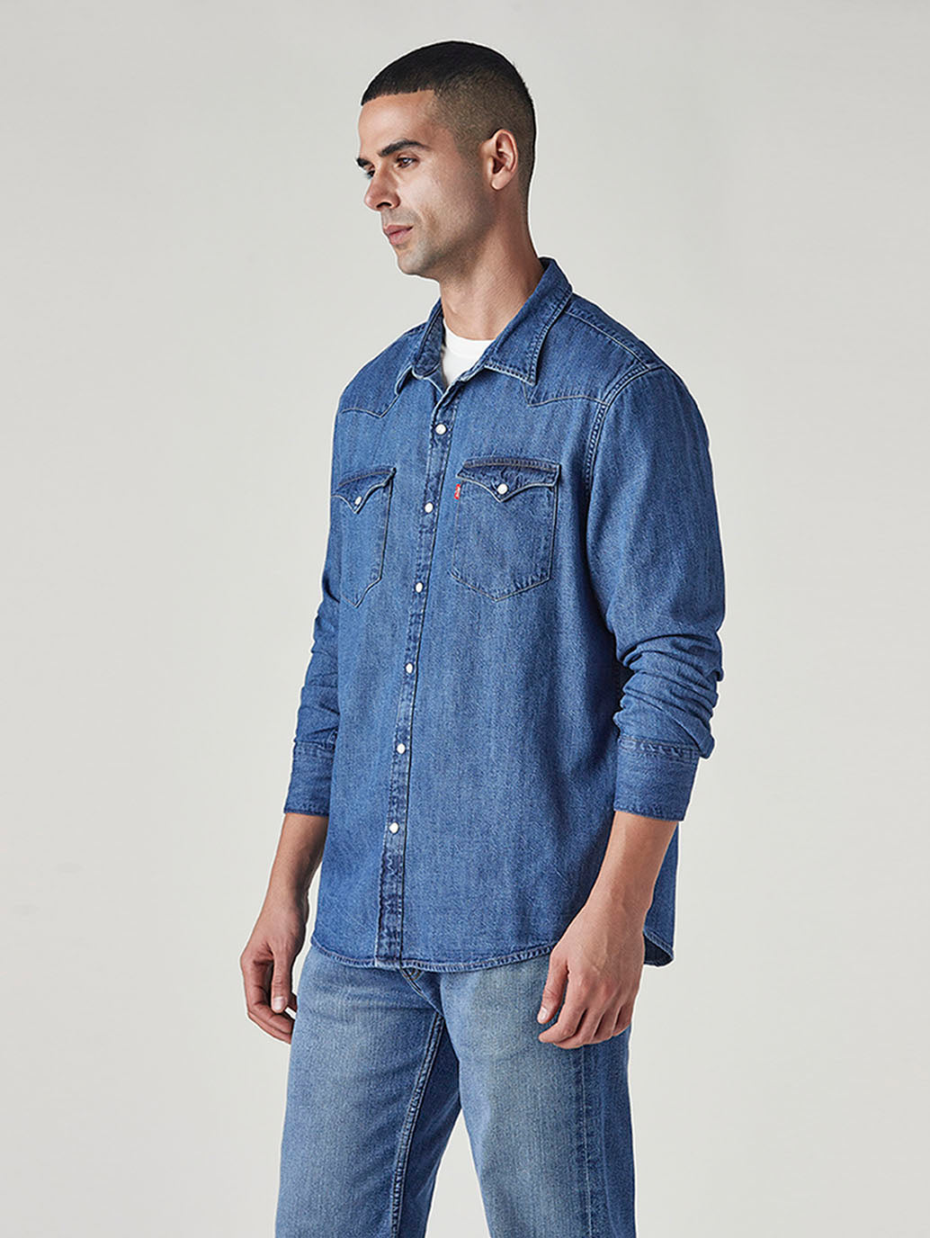 Men's Solid Slim Fit Denim Shirt - Side View