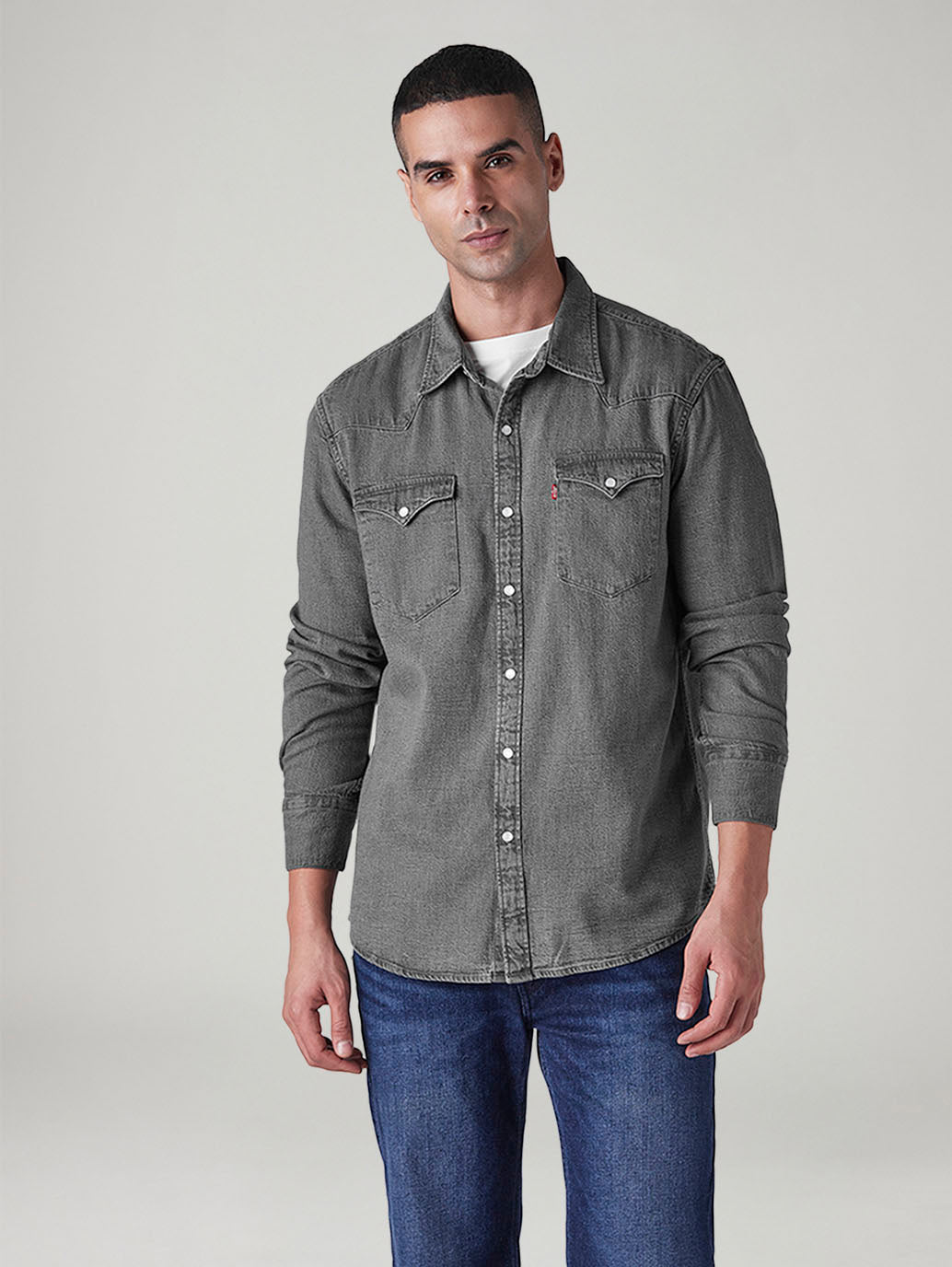Men's Solid Slim Fit Denim Shirt - Front View