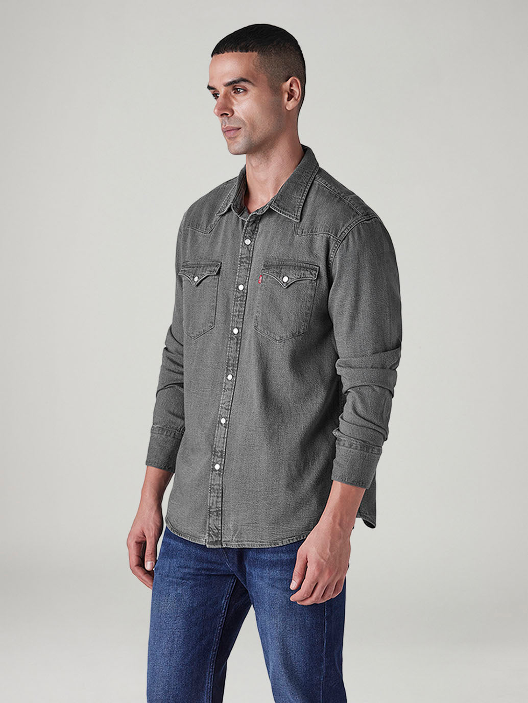 Men's Solid Slim Fit Denim Shirt - Side View