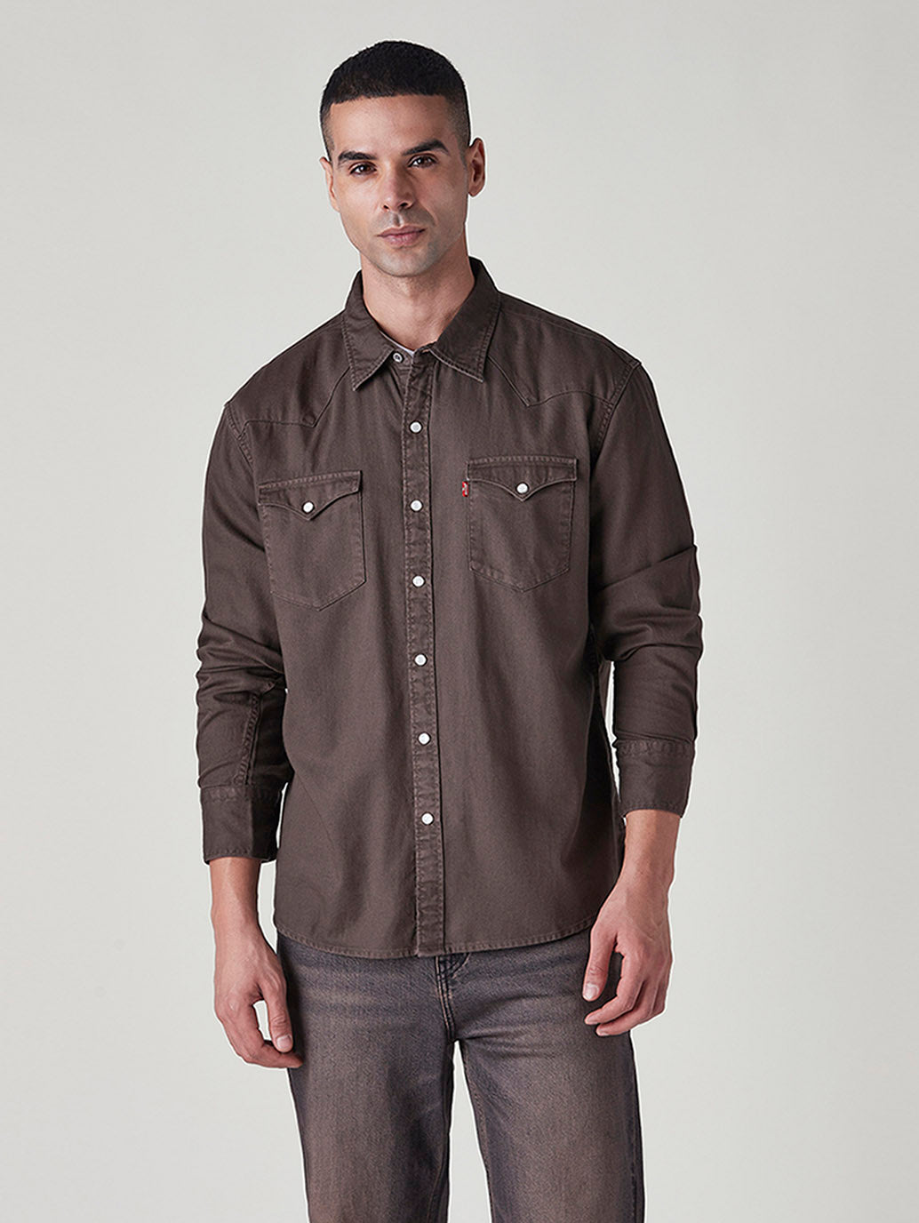 Men's Solid Slim Fit Denim Overdyed Shirt - Front View