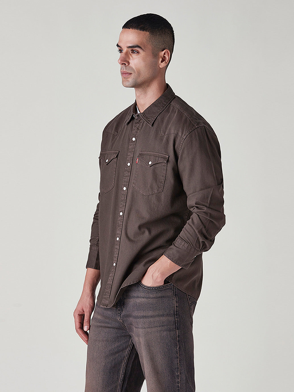 Men's Solid Slim Fit Denim Overdyed Shirt - Side View