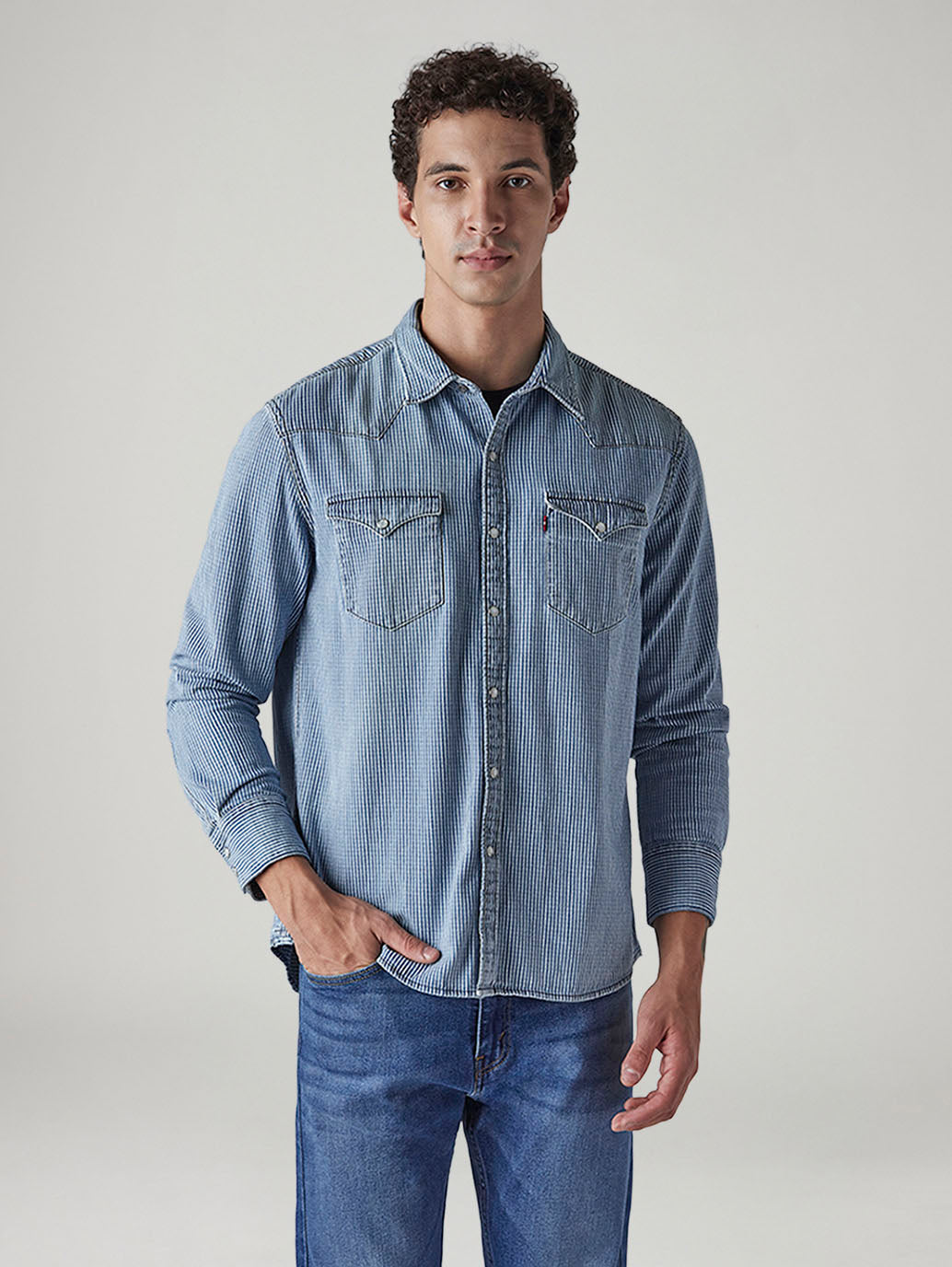 Men's Striped Slim Fit Denim Shirt - Front View