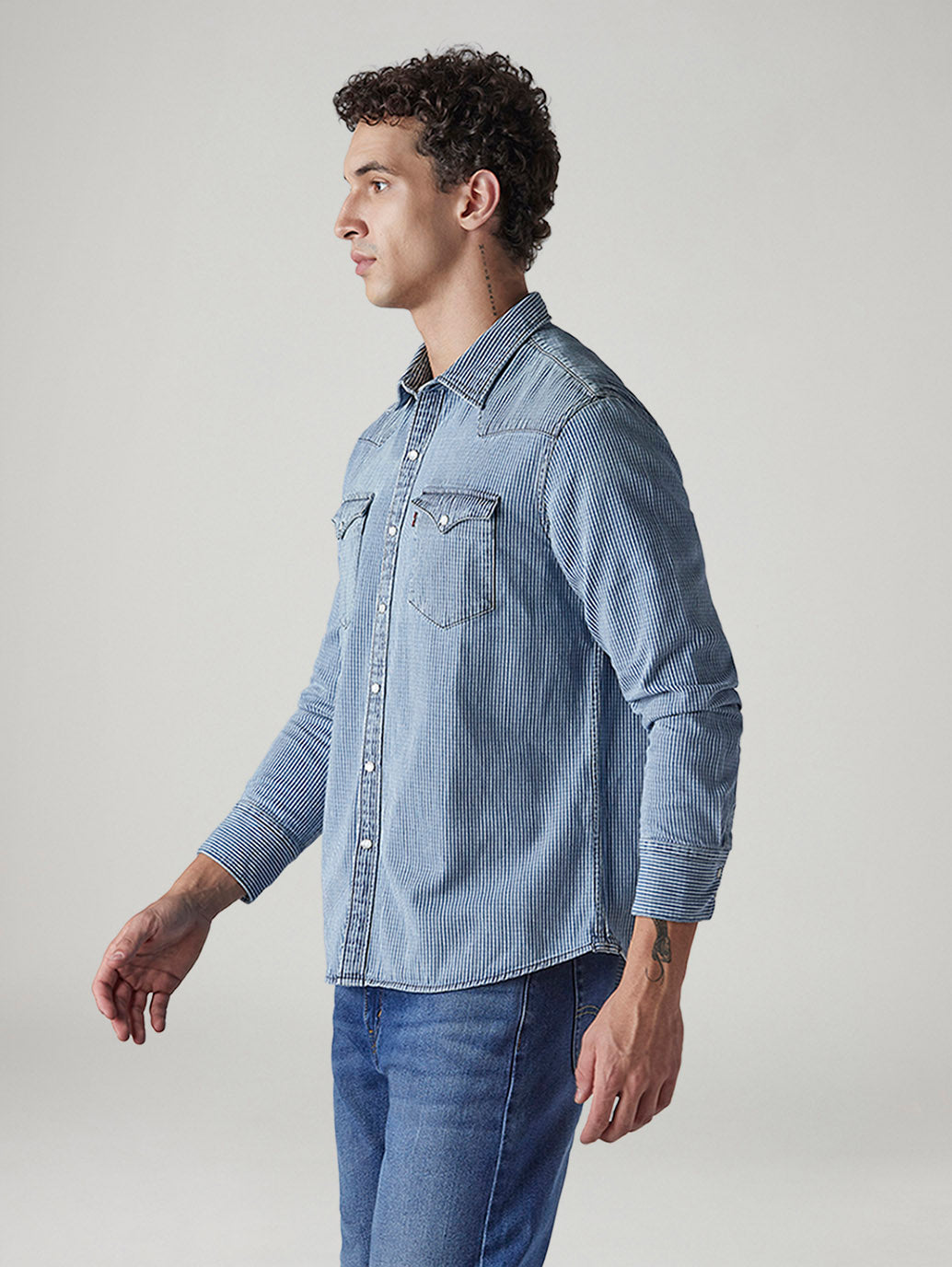 Men's Striped Slim Fit Denim Shirt - Side View