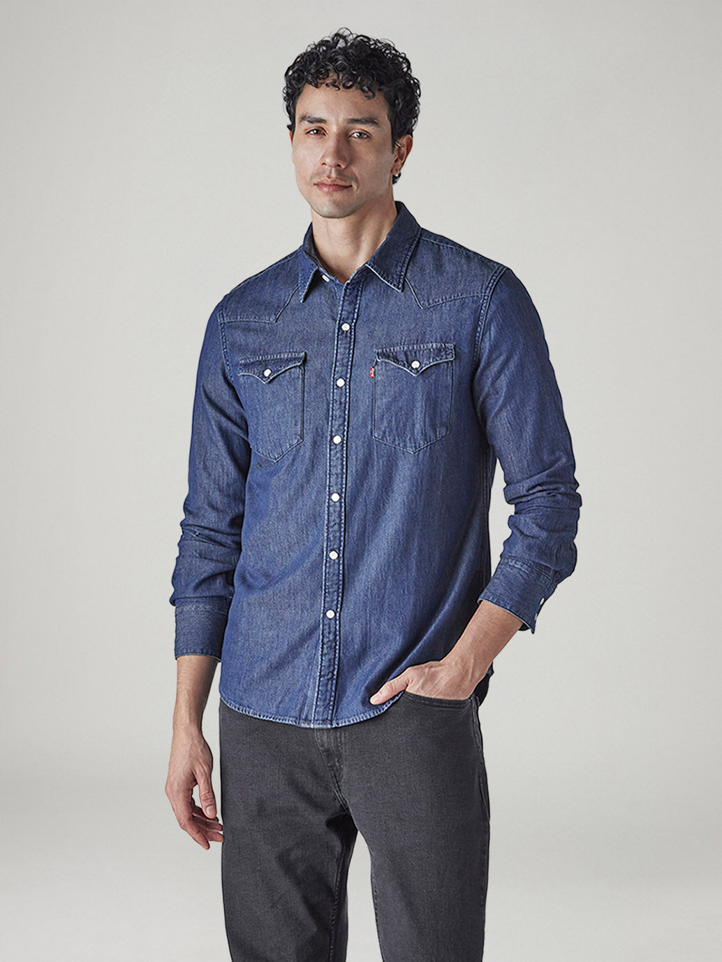 Men's Solid Regular Fit Denim Shirt - Front View