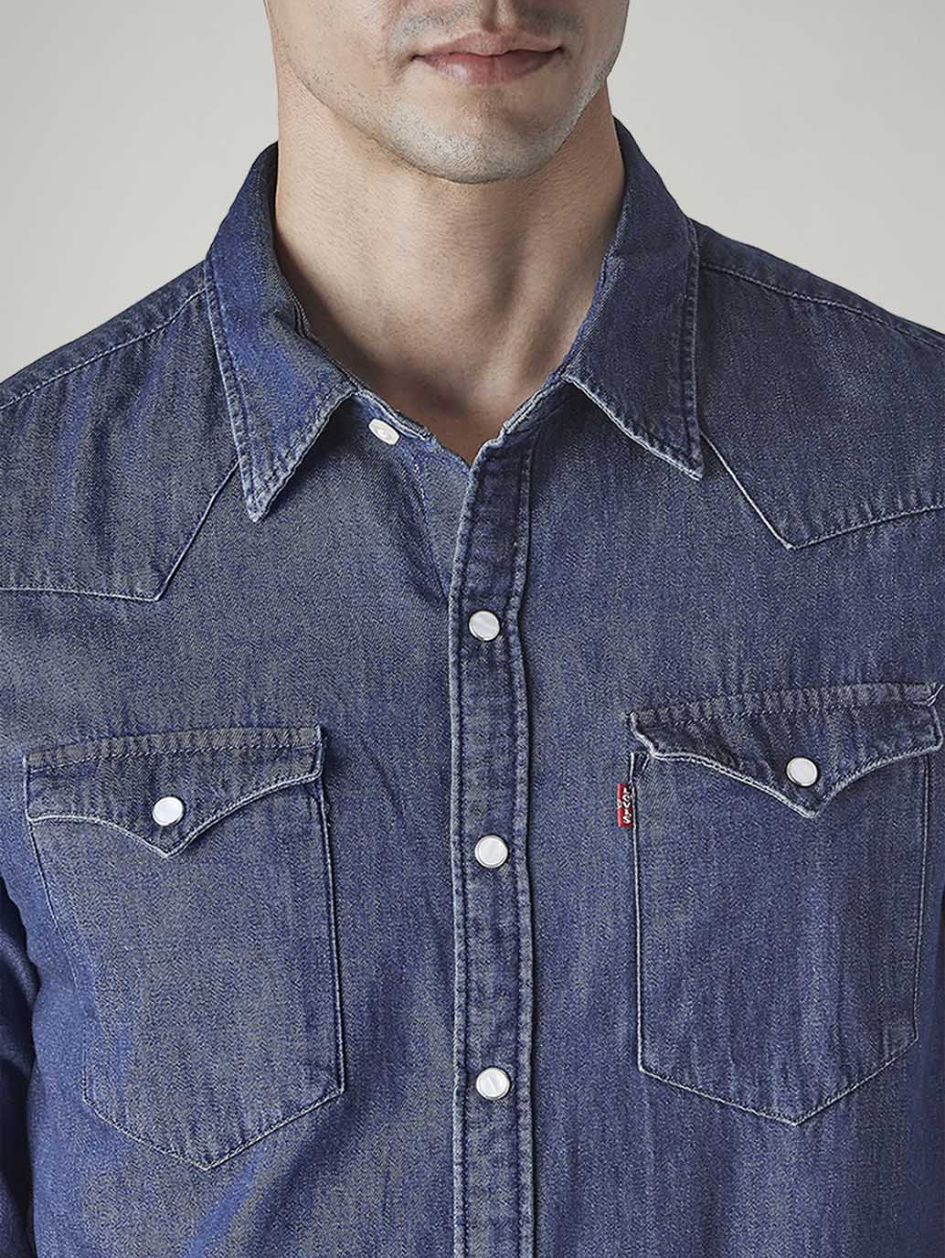 Men's Solid Regular Fit Denim Shirt - Detail View