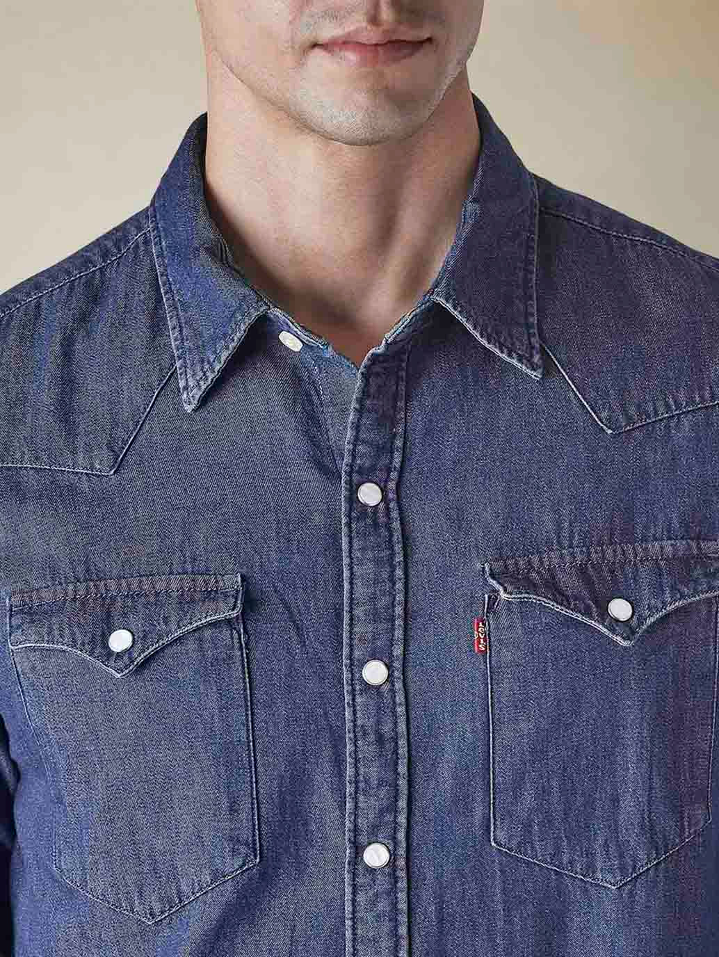 Men's Solid Regular Fit Denim Shirt - cf10f37d-7ebf-470e-9989-3f9198b800d7 View