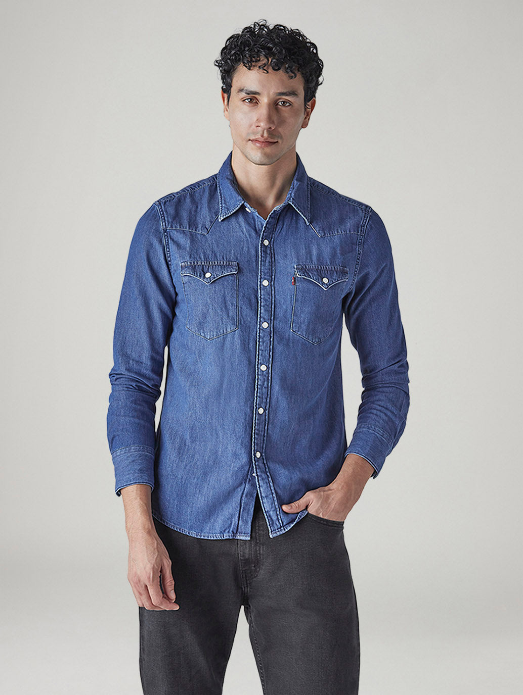 Men's Solid Regular Fit Denim Shirt - Front View