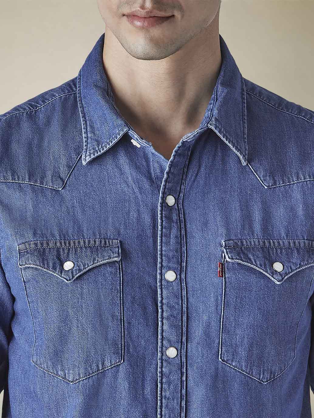 Men's Solid Regular Fit Denim Shirt - Detail View