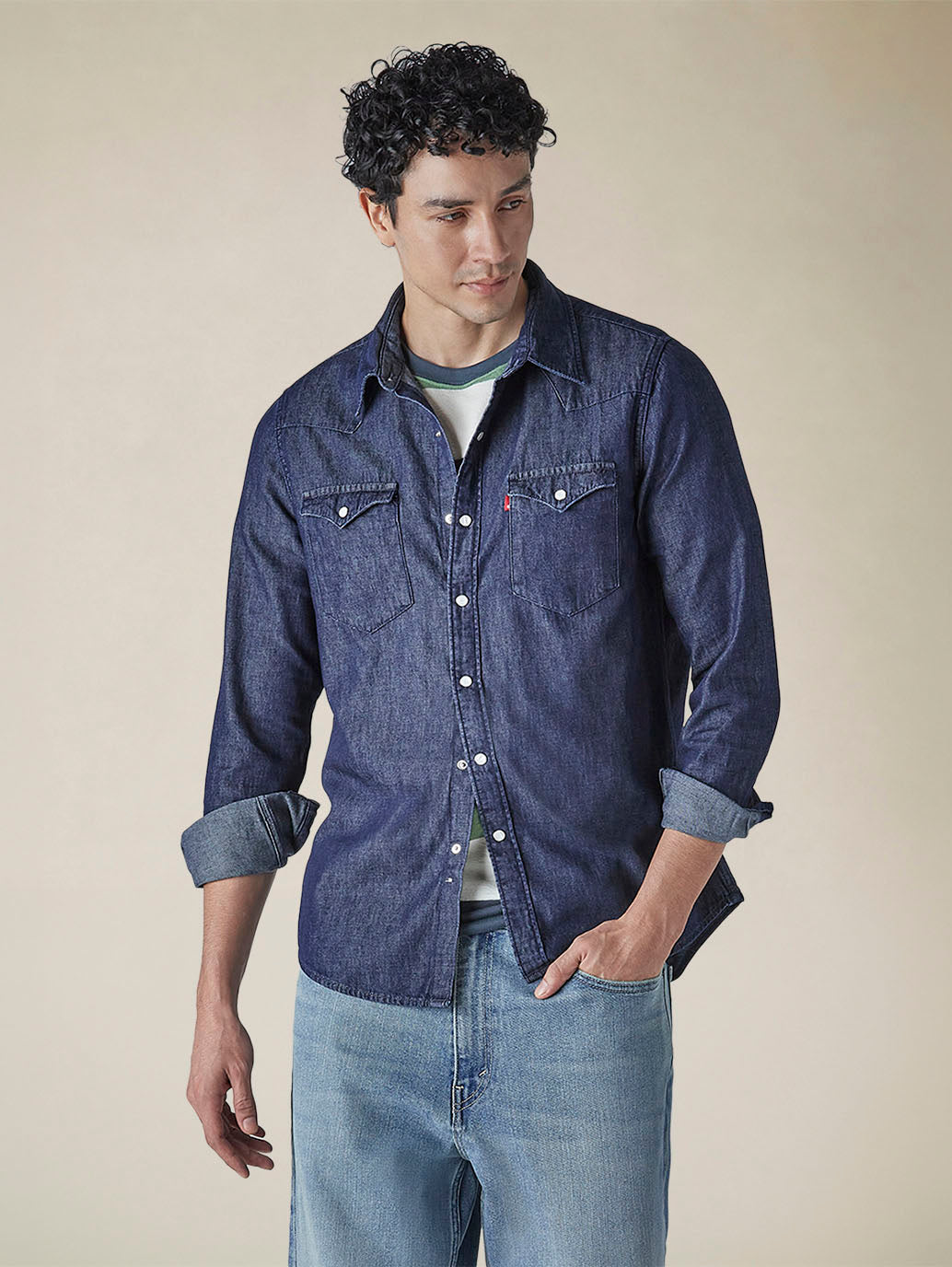 Men's Solid Regular Fit Denim Shirt - d87c3e46-4155-4662-8c14-d3d8ea2580c8 View